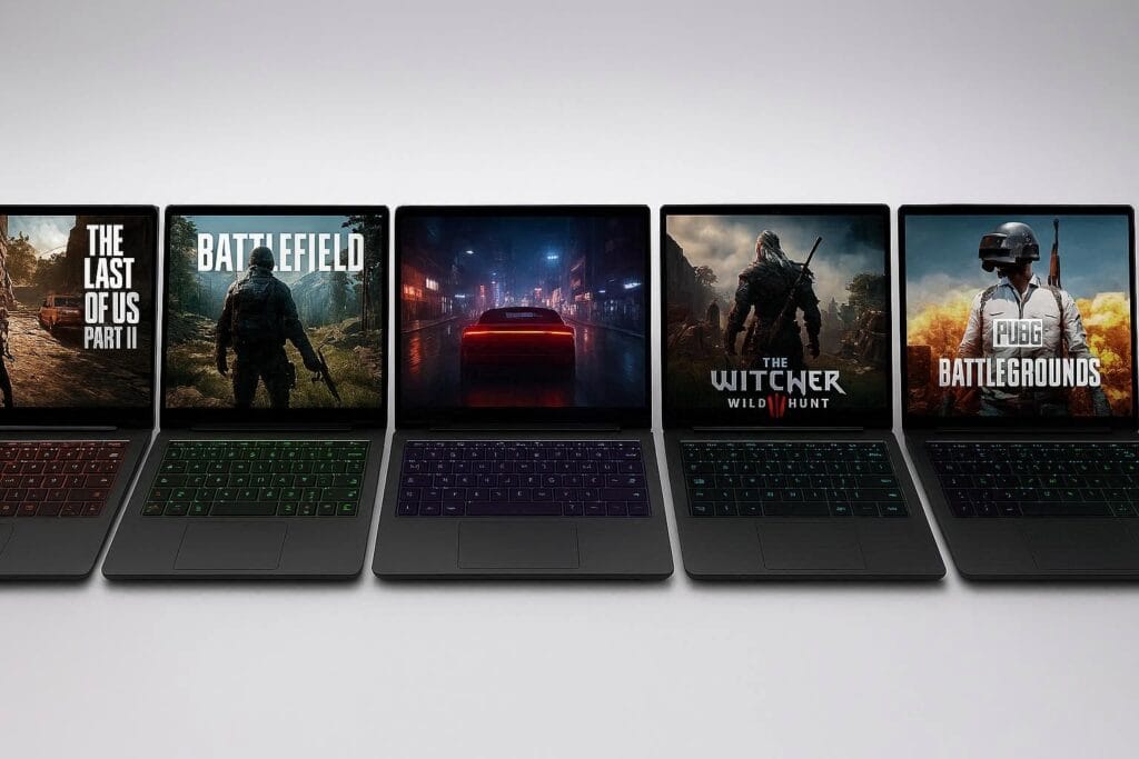 Multiple gaming laptops with RGB keyboards and high refresh displays shown side by side for a budget gaming laptop comparison in 2026