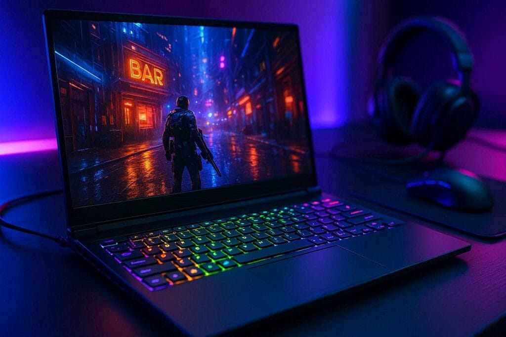 Gaming laptop running a modern video game with RTX 4050 graphics and RGB keyboard on a gaming desk setup