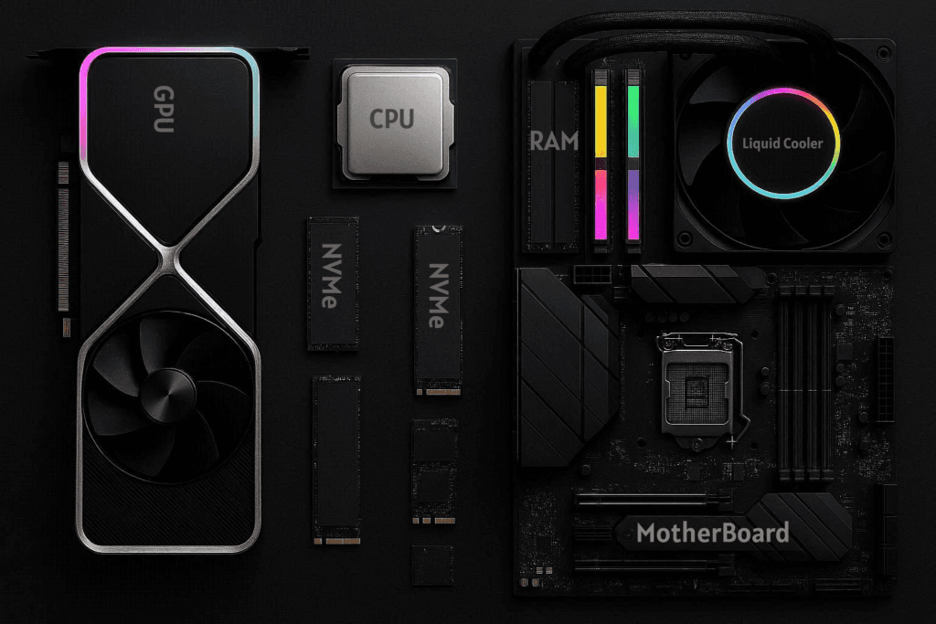 Modern gaming PC components, including GPU, CPU, RAM, and NVMe SSD for gaming desktop