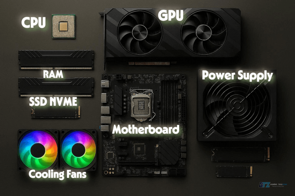 Gaming PC components including GPU CPU RAM and SSD