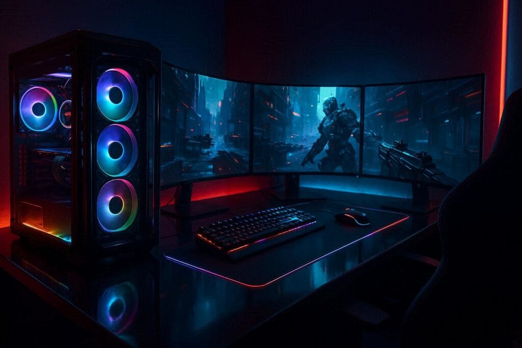 High end gaming PC setup with triple monitors and RGB gaming desktop
