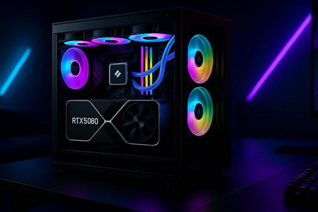 high-end RTX 5080 gaming PC build with liquid cooling and RGB lighting