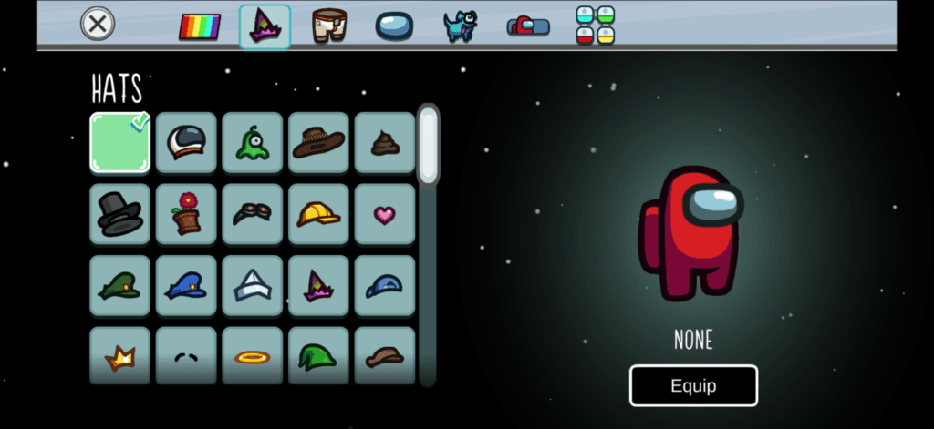 Among Us customization menu showing hats skins pets and visors
