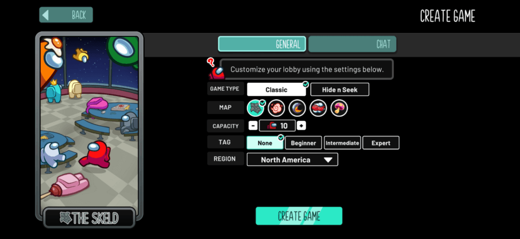 Among Us lobby settings showing map player count and Imposter options