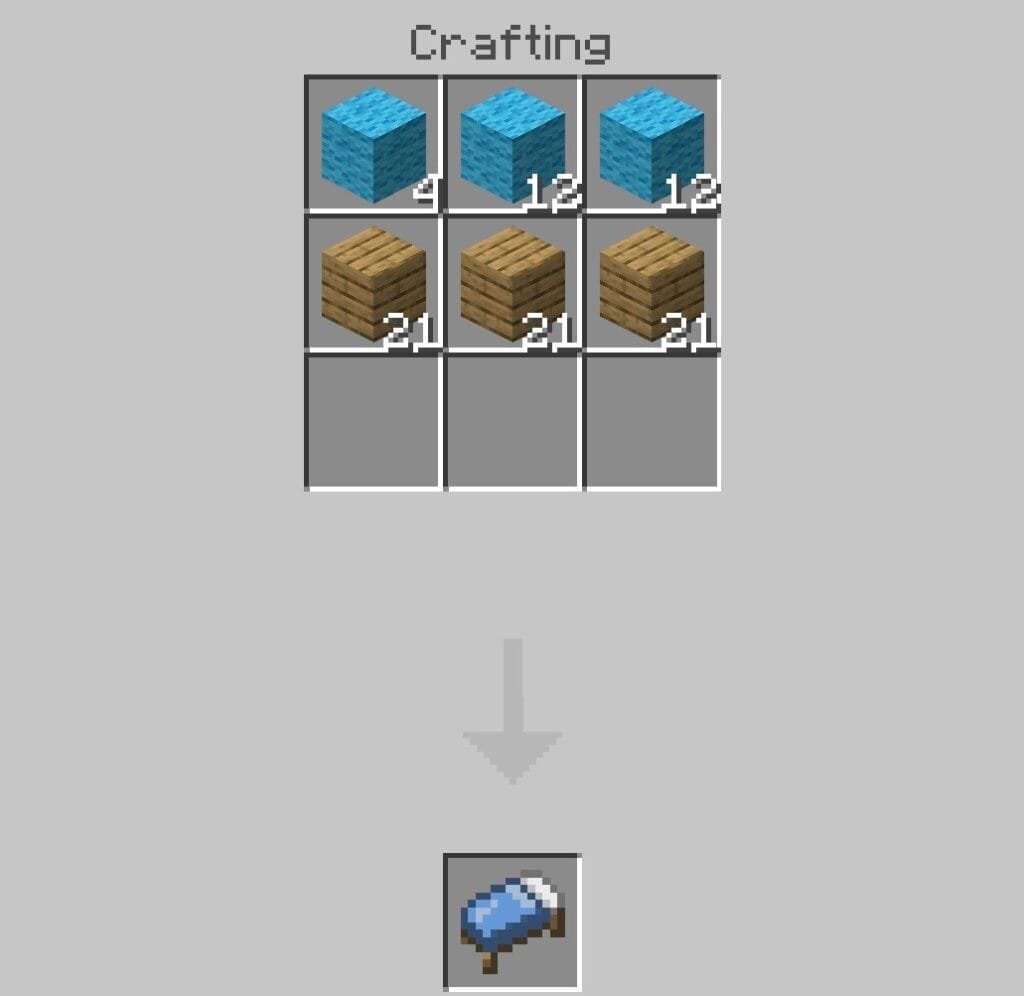 Minecraft bed recipe using three wool blocks and three wooden planks