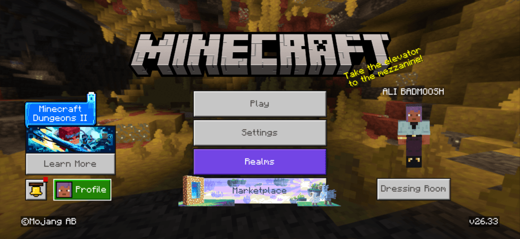 Minecraft main menu on the game's home screen