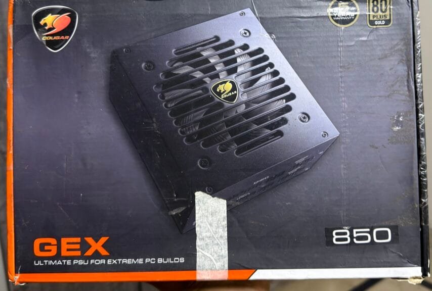 Cougar GEX 850W power supply retail box photographed during my one-year review