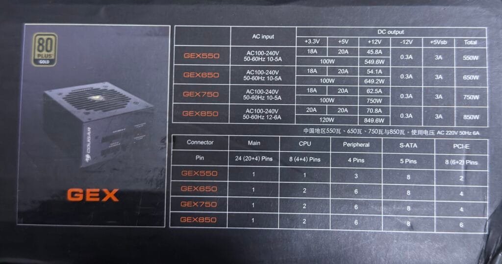 Official Cougar GEX 850W specifications and connector layout from my PSU box