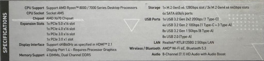 MSI X670E Gaming Plus WiFi motherboard specifications showing AM5 socket, DDR5 memory support, PCIe 5.0, Wi-Fi 6E, and Gen5 M.2 storage