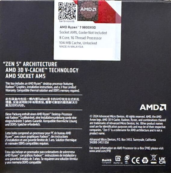 Rear of my AMD Ryzen 7 9800X3D box displaying Zen 5 architecture, AM5 socket, and processor specifications