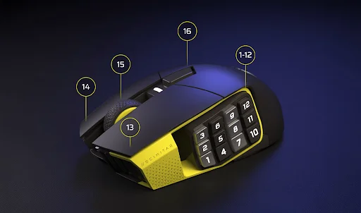Closeup View of Corsair Elite SE Wireless MMO Gaming Mouse's 16 Buttons.