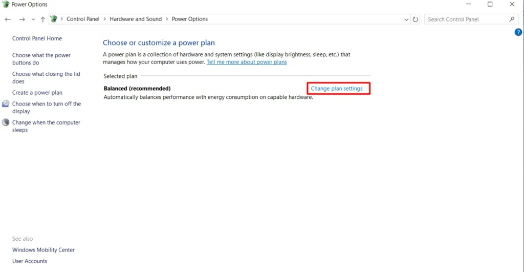 changing plan option in windows power plan settings