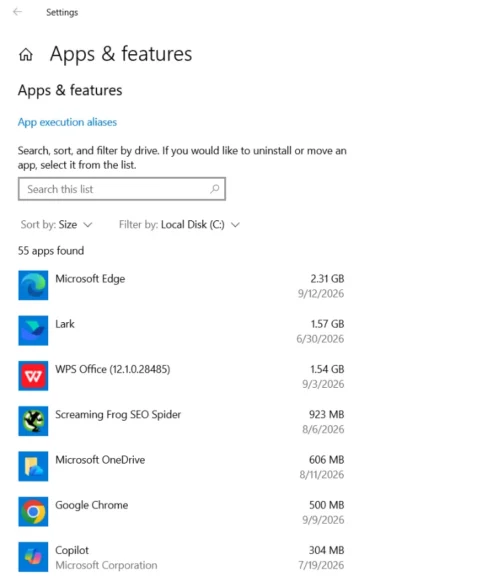 Checking app memory for getting more space on pc