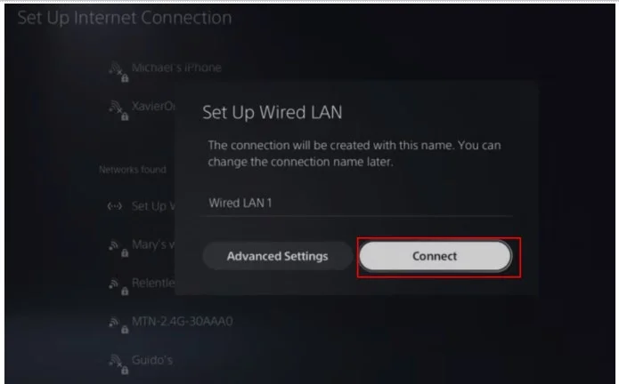 Clicking connect now button for connecting internet on ps5
