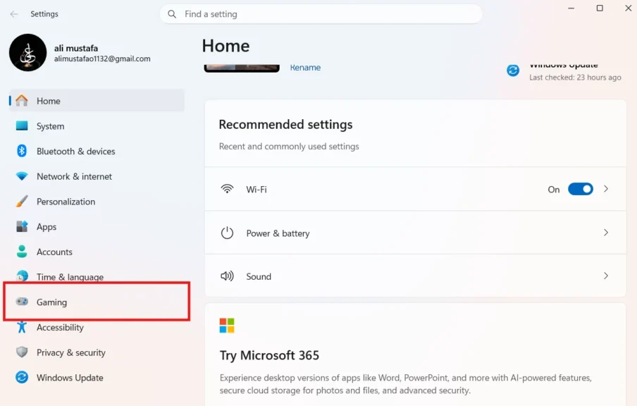 opening game settings in windows settings