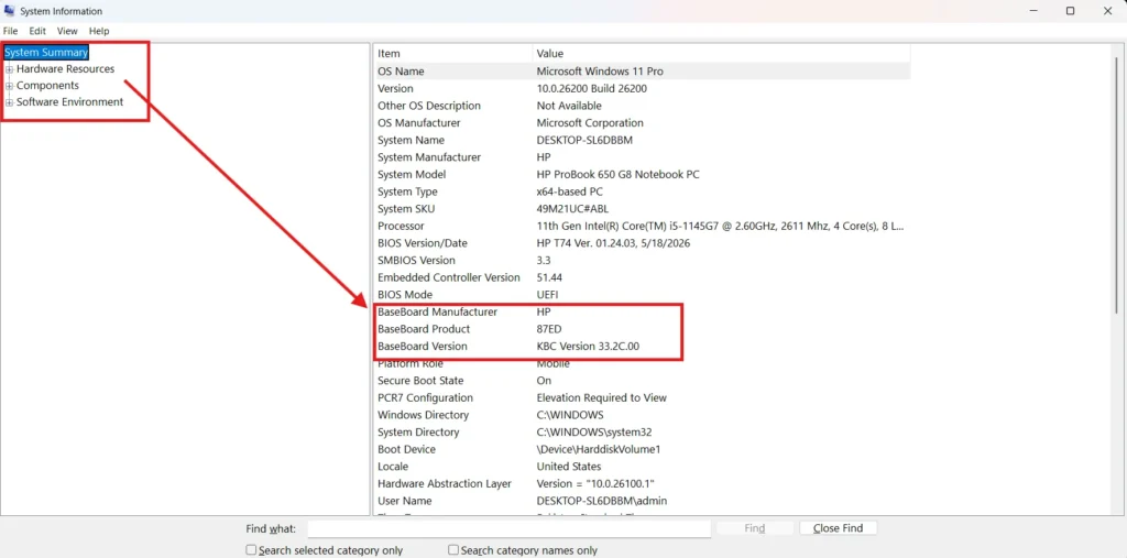 Looking For motherboard information after run command