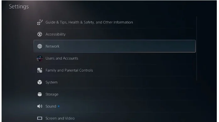 Opening Network settings on ps5