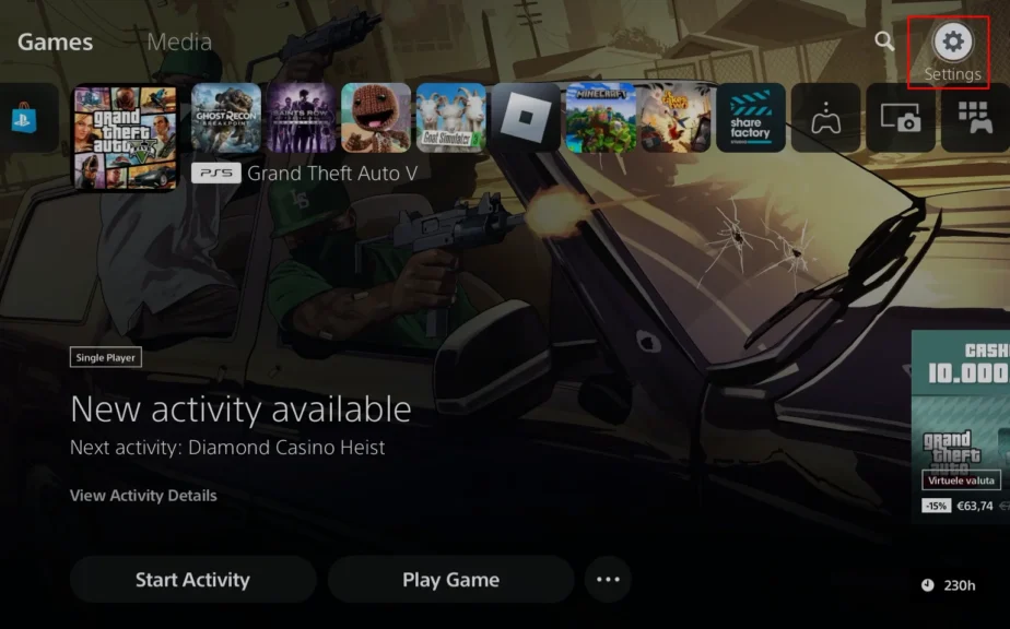 settings option in ps5 home screen