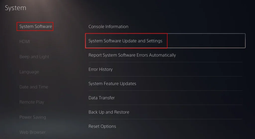 Software Update option in system settings