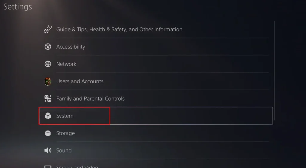 system option in ps5 settings