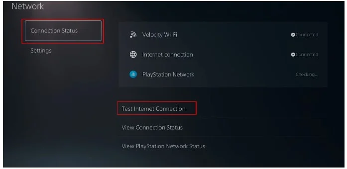 Testing internet connection option on ps5