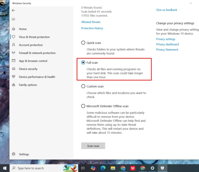 Full scan option in windows defender