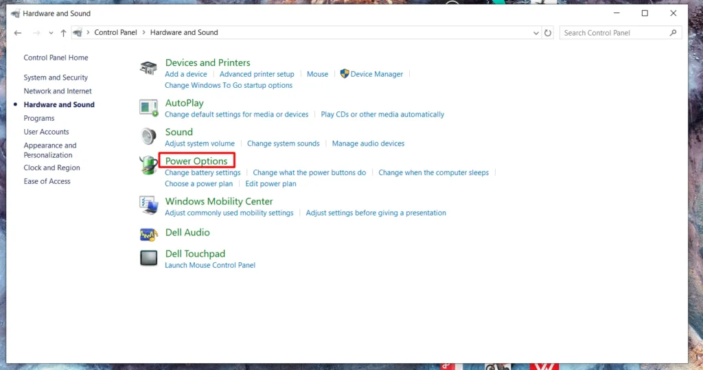 windows hardware and sound option