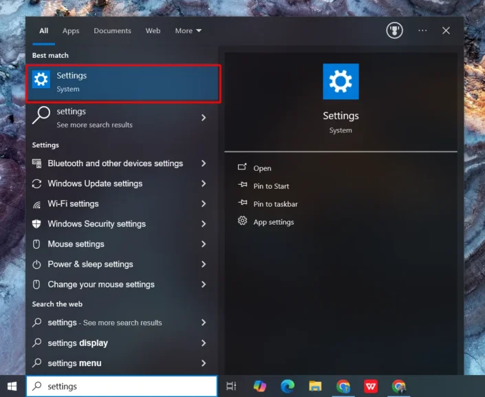settings option in windows